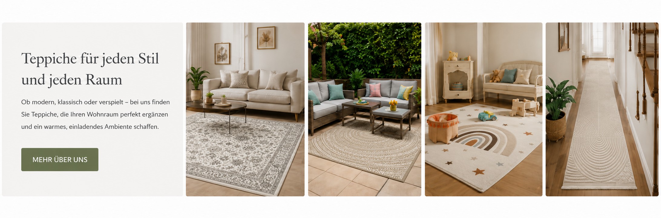 Themenbanner mit Teppichen für Wohnzimmer, Outdoor, Kinderzimmer und Flur