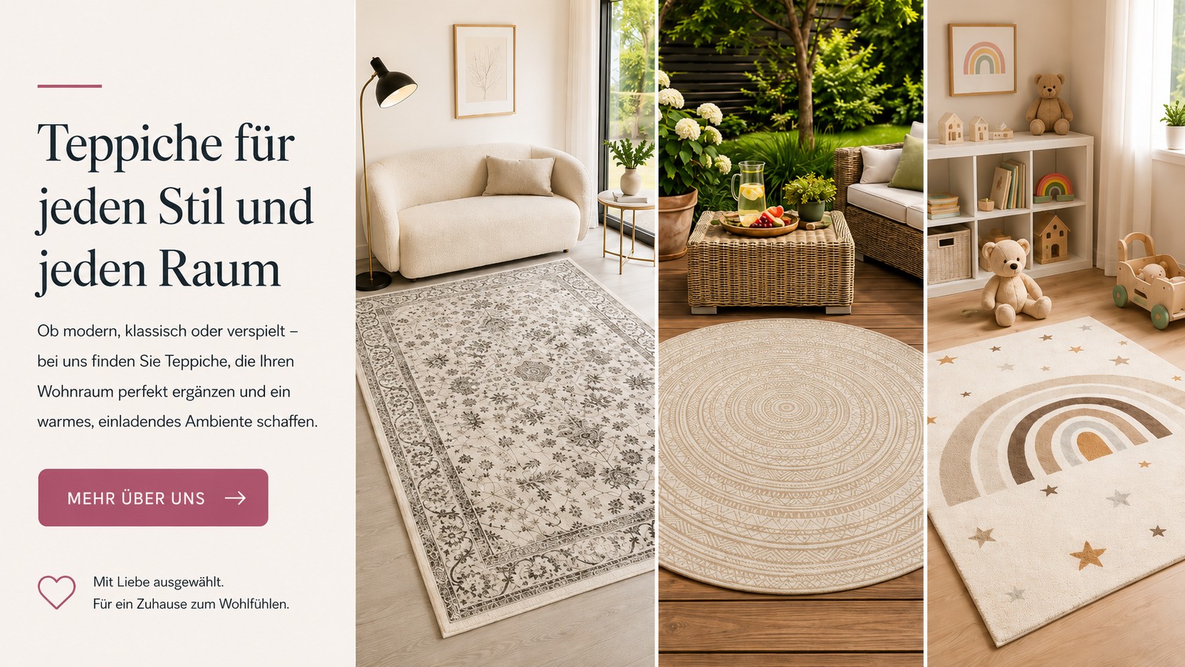 Themenbanner mit Teppichen für Wohnzimmer, Outdoor, Kinderzimmer und Flur