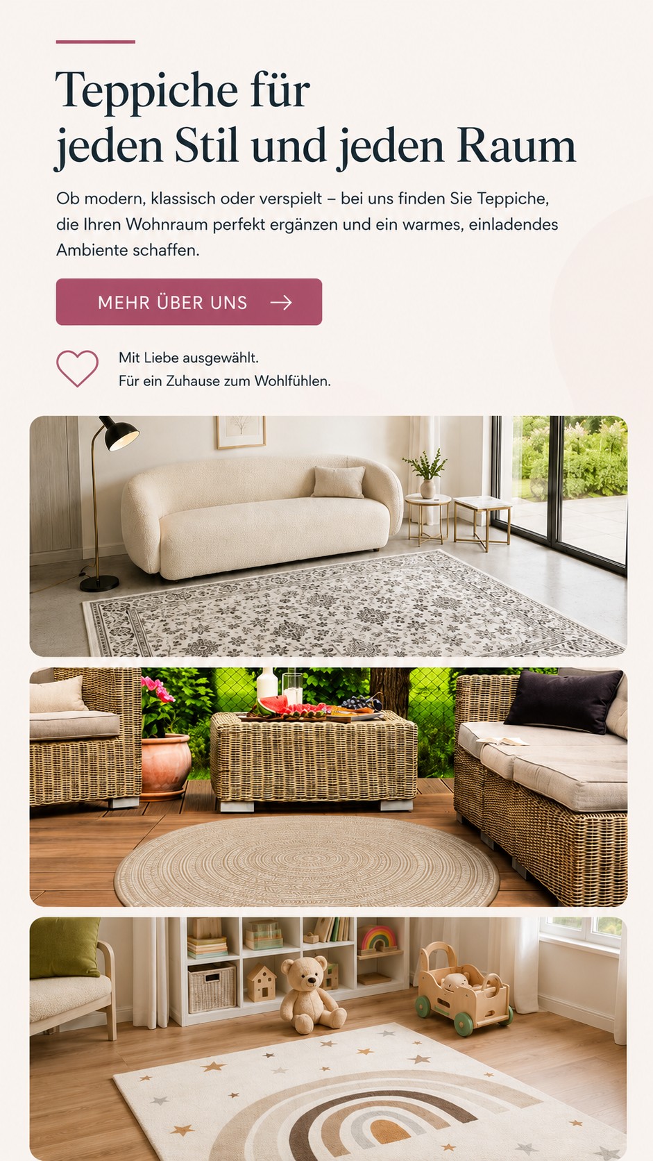 Themenbanner mit Teppichen für Wohnzimmer, Outdoor, Kinderzimmer und Flur