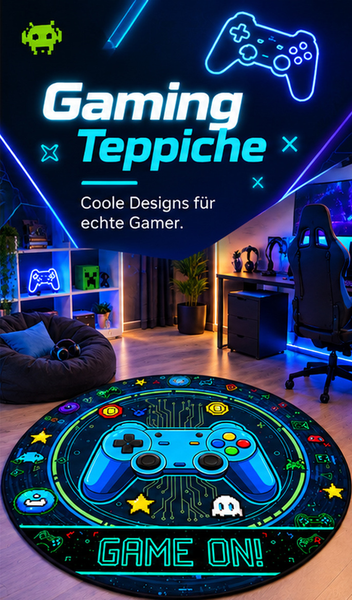 Runder Gaming-Teppich mit blauem Controller, Neonfarben und Game-On-Motiv in einem Gamingzimmer