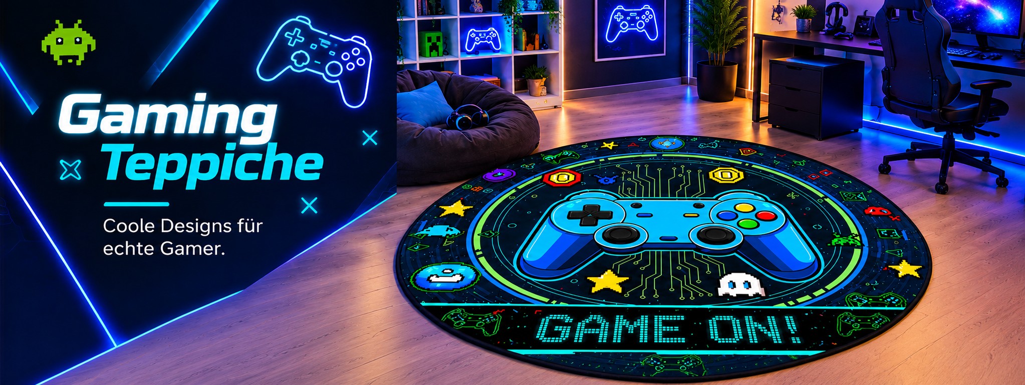 Runder Gaming-Teppich mit blauem Controller, Neonfarben und Game-On-Motiv in einem Gamingzimmer