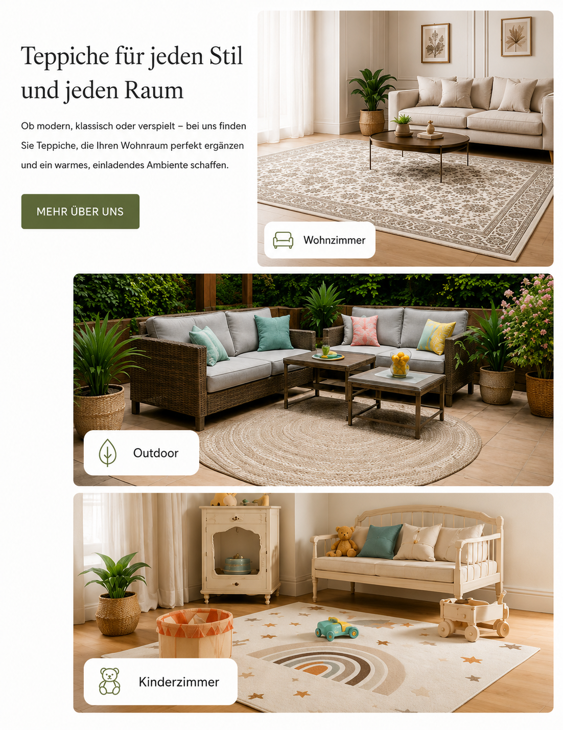 Themenbanner mit Teppichen für Wohnzimmer, Outdoor, Kinderzimmer und Flur