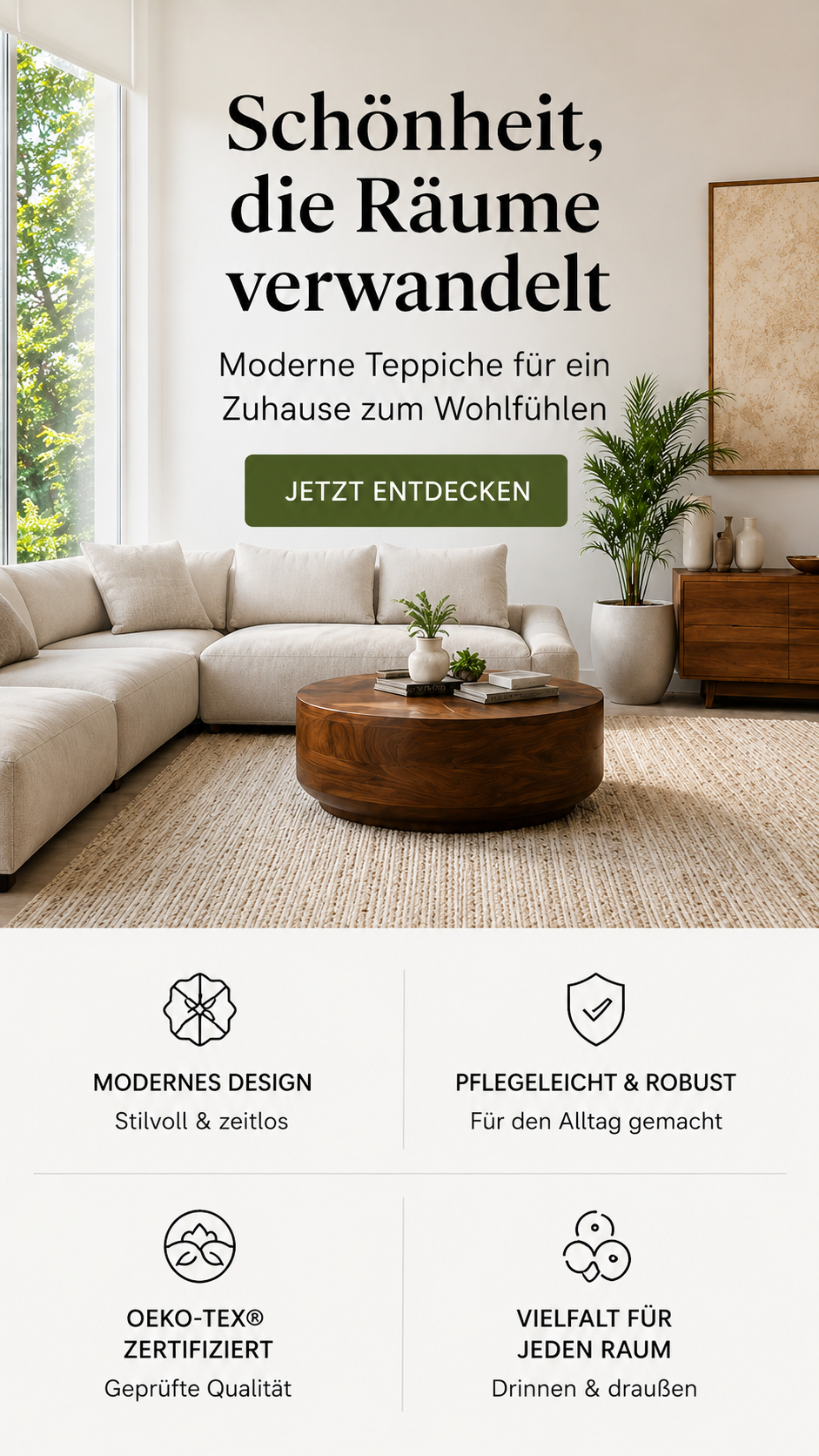 Mobiles Startseitenbanner mit modernen Teppichen für ein wohnliches Zuhause